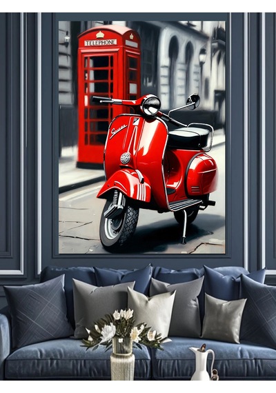 Siyah Beyaz Londra Kırmızı Telefon Kulubesi Ve Scooter Motor Dekoratif Kanvas - Mdf Ahşap Tablo