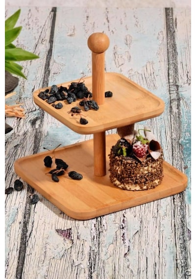 Bambu 2 Katlı Şekerlik Doğal Ahşap İki Gözlü Atıştırmalık Ve Sunum Kabı Pratik Ve Şık Tasarımıyla Çay Saati Sunumlarına Uygun Fonksiyonel Bambu İkramlık Servis Kutusu Çok Renkli