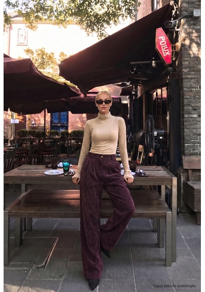 Kadın Bordo W6-52 Straight Crop Pürüzsüz Velvet Kadife Kumaş Pantolon