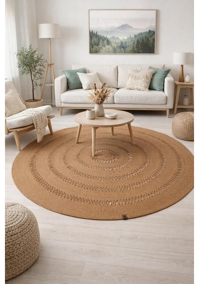 Jüt Hasır Görünümlü Desenli Modern El Örgüsü Daire Halı Kilim Hasır Hasır