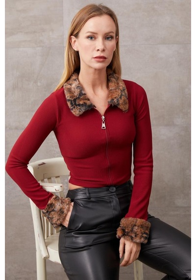 Zhlbutik Yakası Kürklü Fermuarlı Bluz Bordo