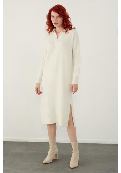 Sherin Ekru Polo Yaka Basic Midi Triko Elbise-ekru