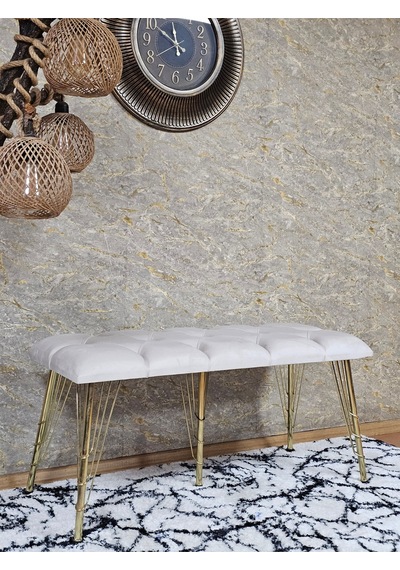 Zafir Metal Gold Tel Ayaklı 100 Cm Puf Bench - Puf - Bench - Oturak - Mutfak Oturağı - Antre Oturağı Krem