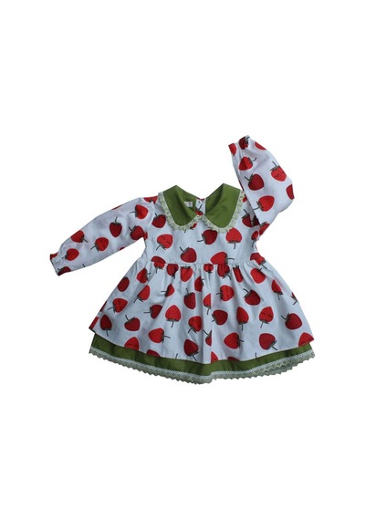 Bebe Yaka Çilek Desenli Dantel Detaylı Kız Çocuk Bebek Elbise 001