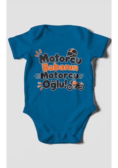 Morivokids Motorcu Babanın Motorcu Oğlu Kısa Kollu Bebek Body %100 Pamuk Koyu Mavi