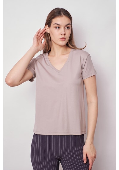 Jument Kadın V Yaka Kısa Kol Likralı Kumaş Şık T-shirt Bluz-gri Gri