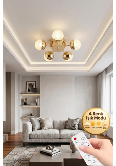 LumiaLighting Vera Model Gold 5"li Kumandalı Ledli 3 Renk Modu Kristal Salon Mutfak Yatak Çocuk Odası Avize Altın