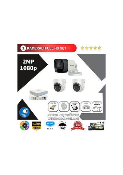 Hikvision 3 Kameralı Set 2 MP 1080P HD Kamera Sistemi