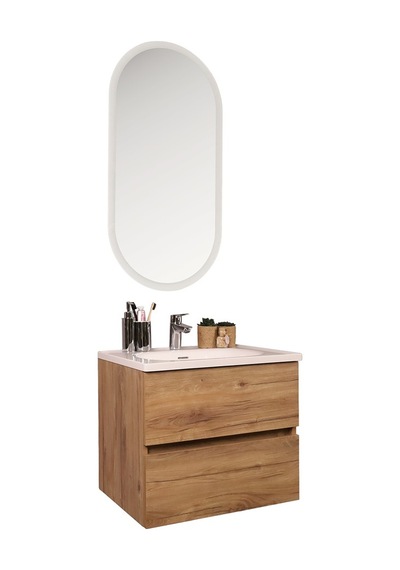 Kobos Simple 60 Cm Çekmeceli Banyo Dolabı Seti Light Walnut Ahşap Kobos Simple 60 Cm Çekmeceli Banyo Dolabı Seti Light Walnut Ahşap