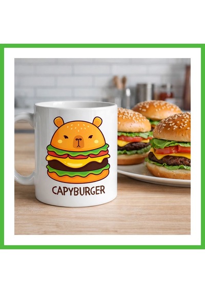 Vaveni Capyburger Tasarım Kupa Model 230 Sevimli Kapibara Burger Baskılı Seramik Kahve Kupası Arz Çok Renkli