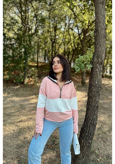 WeShaya Kadın Pembe Uzun Kol, Dik Yaka, Fermuarlı, Double Color Block Basic Sweatshirt Bluz Pembe