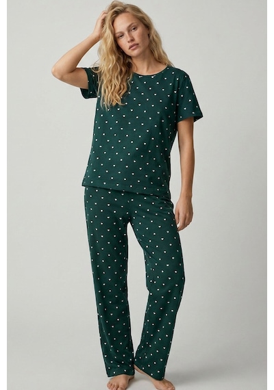 Siyah İnci Pamuklu Örme Pijama Takımı 8025 Yeşil Beyaz