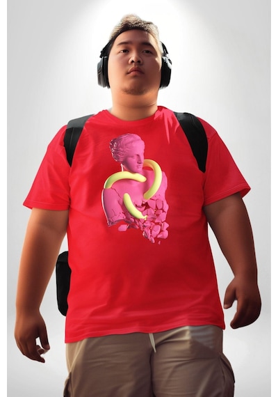 Angemiel Pop Art Yaratıcı Heykel Pembe Kırmızı Büyük Beden Erkek Kadın Unisex Basic Ön Baskılı Tişört Kırmızı