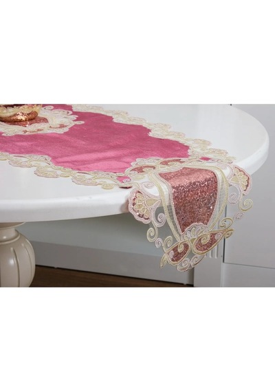 Aydan Aplikeli Güpürlü Kadife Pudra Salon Takımı 5 Parça 50x140 Cm 1453 Pudra