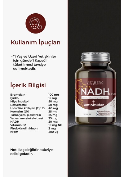 Vitaberg Nadh Antioksidan+ Pqq, Koenzim Q10, Resveratrol, Kolajen Tip Iı
