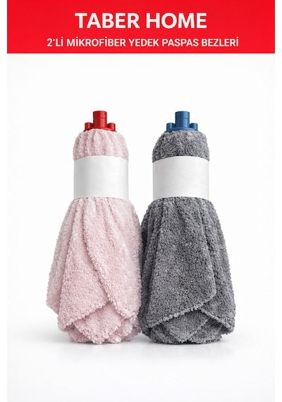 Taber Home 2'li Mikrofiber Yedek Paspas Bezi Vidalı Mop Başlığı Seti - Yüksek Emici Temizlik Bezi