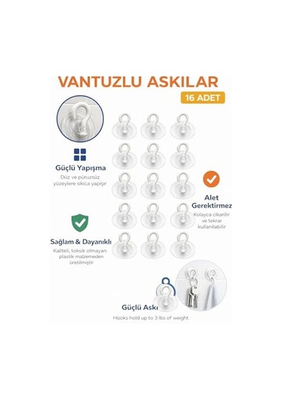 Şeffaf Cam Vantuzlu Askı Seti 16'li, 3 Cm X 3 Cm Kompakt Tasarım, 3 Cm Çap Güçlü Vakumlu Yapışma, Delme Ve Vida Genel