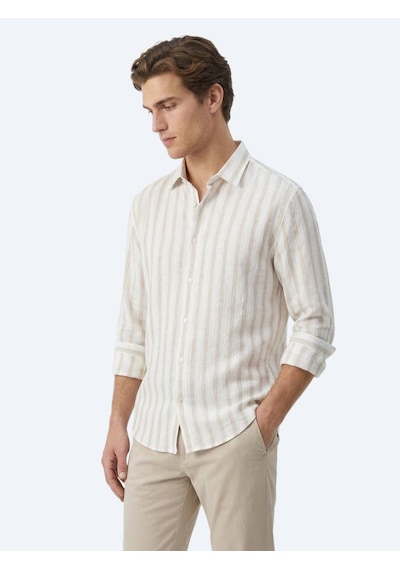Kip Açık Bej Çizgili Oversize Fit Uzun Dokuma Casual Keten Karışımlı Gömlek