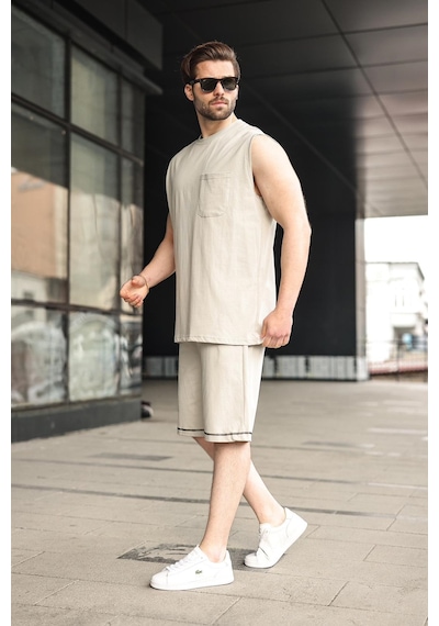 Madmext Boyalı Gri Bisiklet Yaka Kolsuz Erkek Şort T-shirt Takım E7351 Boyalı Gri