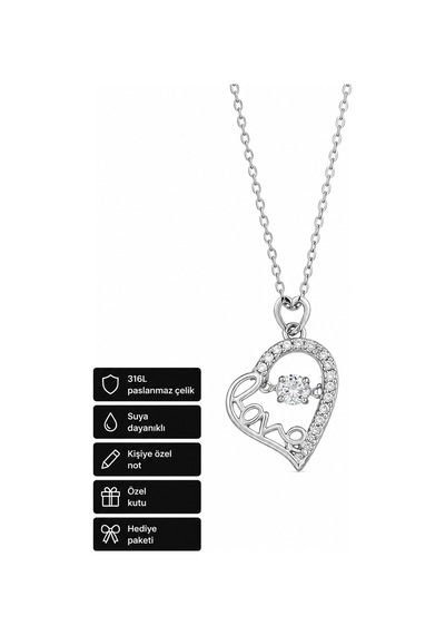 Love Yazılı Kalp Tasarım 316l Çelik Kolye Hediye Özel Kutulu Altın - Gümüş