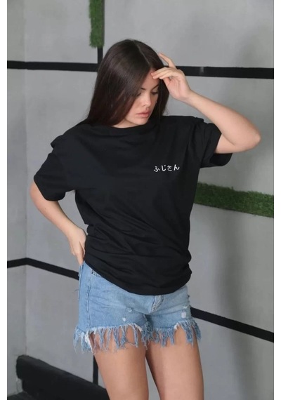 Assema Kadın Bisiklet Yaka Baskılı Kısa Kol Oversize T-shirt - Siyah Çok Renkli