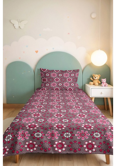Pembe Çiçekli Geometrik Tek Kişilik Pike Takımı - Gri Nostaljik 160x220 Cm Kapitone Yatak Örtüsü Buharlı Sazlık Yankısı