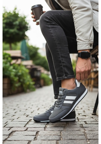 Enoch Erkek Şeritli Retro Spor Ayakkabı - Kırmızı Detaylı Günlük Sneaker Füme