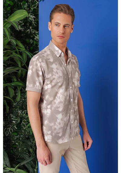Efor Slim Fit Düğmeli Yaka Batik Desenli Kısa Kol Pamuk Bej Gömlek G 1502 Bej