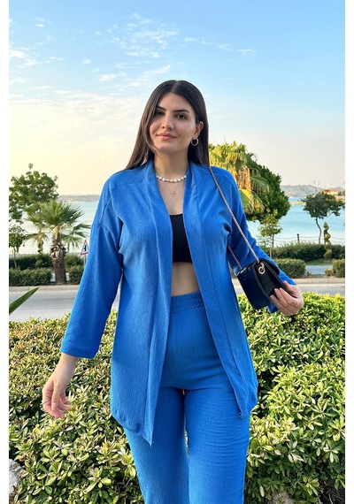 Saks Renk Cep Detaylı Dar Paça Kimono Takım Saks
