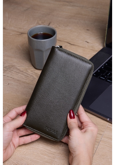 Lysande Hakiki Deri Unisex Telefon Bölmeli Cüzdan 15 Kartlıklı Cüzdan Kartlık Haki