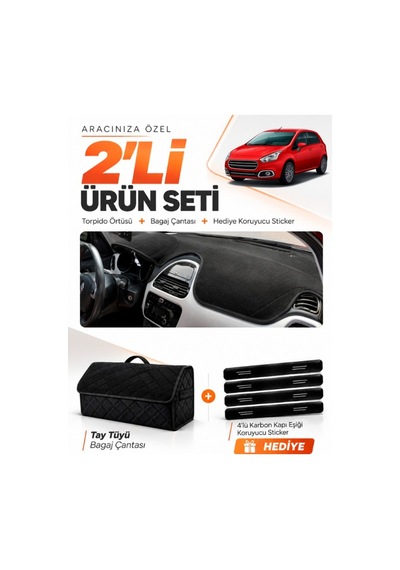 Fıat Punto Evo 2015-2021 Uyumlu Torpido Örtüsü + Tay Tüyü Bagaj Çantası + Sticker Seti - Siyah