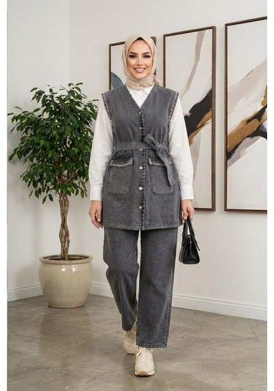 Hb Harma Time Butik Kadın Taş İşlemeli Kuşaklı Yelek-pantolon Siyah Kot İkili Takım