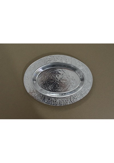 Paslanmaz Çelik Oval Tepsi 304 Kalite Krom Parlak Yüzey, Elde Tasarlanmış Desenli Servis Ve Sunum Tabağı 20 C