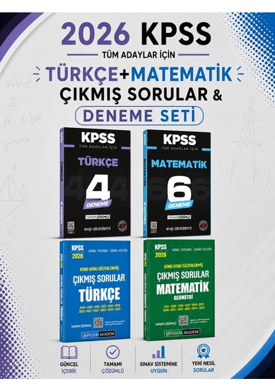 Pegem 2026 Kpss Türkçe + Matematik Çıkmış Sorular & Kpss Türkçe + Matematik Deneme Evp Akademi