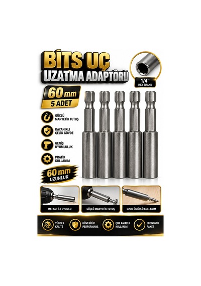 Bits Uç Uzatma Adaptörü 5 Adet 60 Mm Manyetik Vidalama