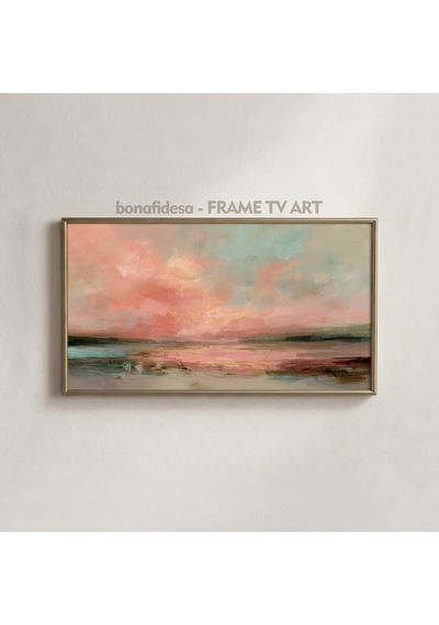 Frame Tv İçin Sıcak Gün Batımı Manzarası Nötr Kıyı Tablosu Yumuşak Pastel Gökyüzü Sanatı Dijital İndirme