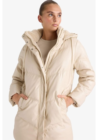 Defacto Su Geçirmez Relax Fit Kapüşonlu Suni Deri Parka F2884ax26sper170 Ekru-er170