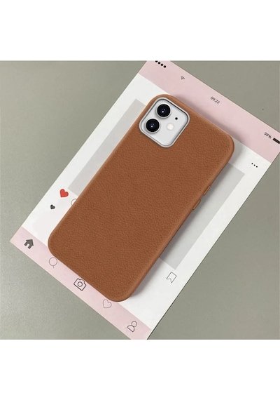 İphone 11 Uyumlu Kahverengi Deri Dokulu Silikon Kamerayı Korur Şok Emici Kılıf 10
