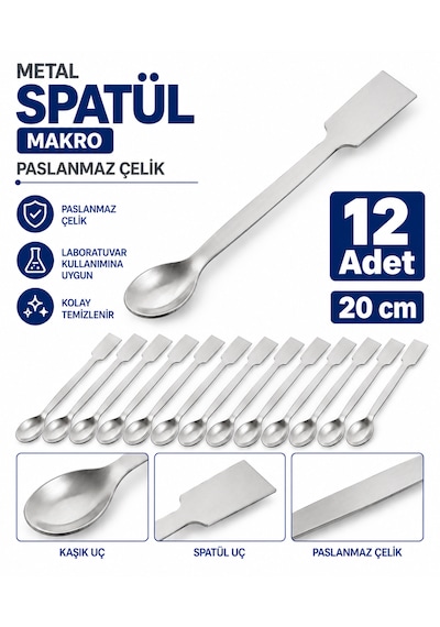 Metal Spatül Makro 20 Cm - Paslanmaz Çelik Spatula- 12 Adet