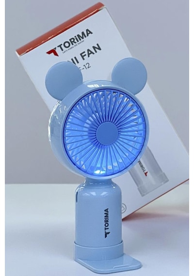 Torima F-12 Mavi Mini Taşınabilir Fan Şarjlı 2 Kademeli Ledli Ayıcık Kulak Vantilatör Klima Soğutucu Fan
