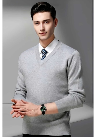 Tezzgelsin Erkek V Yaka Uzun Kol Triko Tüylenmez Süveter Erkek Slim Fit Süveter Gri