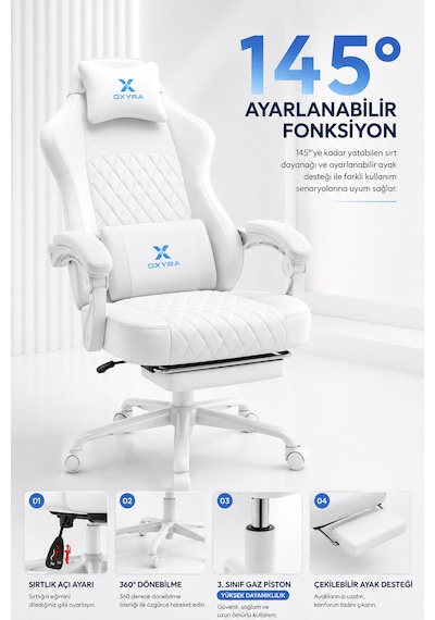Oxyra Mooncha Oyuncu Koltuğu Premium Komple Beyaz Terletmez Deri Ayak Destekli