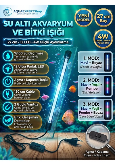Akvaryum Işığı - Balık Işığı - Bitki Işığı - 27 Cm - 12 Led - Tamamen Su İçinde Kullanılabilir - 3 Modlu - 4w - Mükemmel Işık