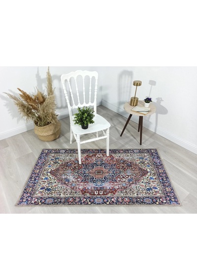 Lacivert Ve Kahverengi Madalyon Desenli Vintage Halı Kırmızı