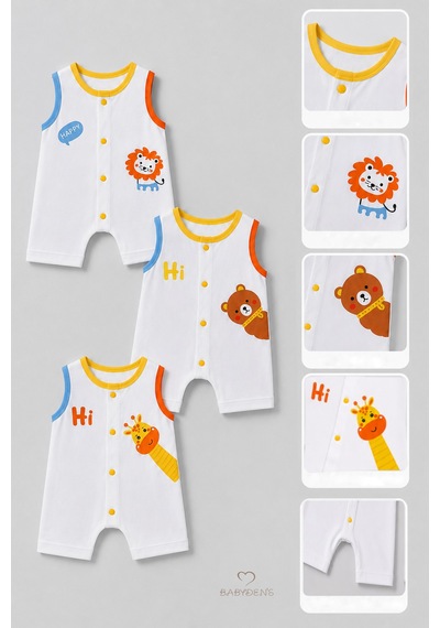 Babyden's Erkek Bebek Şortlu Tulum 3'lü Set % 100 Pamuklu Kolsuz Çıtçıtlı Yazlık Safari Baskılı Yenidoğan Bebek Tulumu Çok Renkli