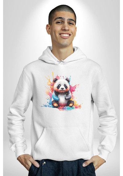 Renkli Yavru Panda Kadın Erkek Beyaz Kapüşonlu Sweatshirt Hoodie Beyaz