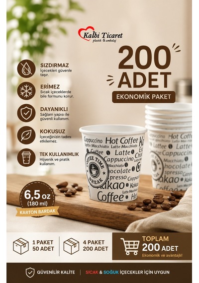 Karton Bardak 6,5 Oz Sızdırmaz Erimez Kokusuz Kullan At Bardak Kağıt Bardak 200