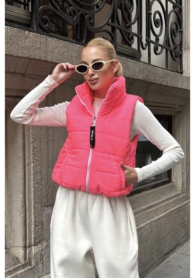 Genel Pembe Sırtı Taş İşlemeli Dik Yaka Kısa Şişme Yelek