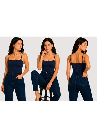 İngegno Body İp Askılı Model Örme Ring Kumaş Viskon Kadın Body Lacivert
