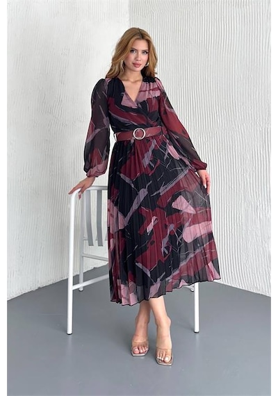Neşeli Butik Kadın Kemerli Kruvaze Yaka Desenli Şifon Elbise Nbk20302 Bordo
